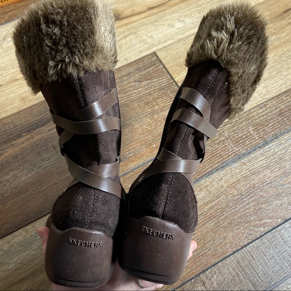 Skechers Mid Calf Faux Fur and Leather Zip Brown Boots Size 7.5 - Picture 6 of 12